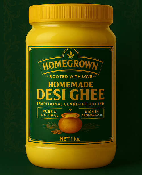 Yellow jar of Homegrown Homemade Desi Ghee on a dark green background